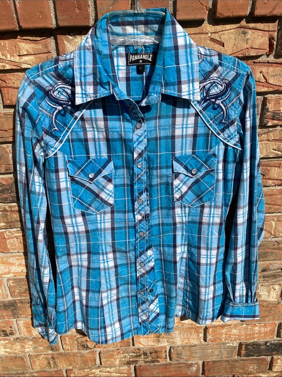 Panhandle Slim Tops - Panhandle Slim Teal and White Plaid Western Snap Shirt S